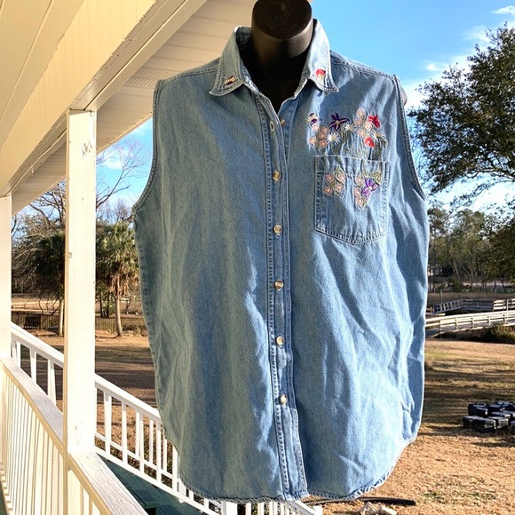 Vintage Denim Bill Blass Top Embroidered ⭐️Large - Picture 5 of 7
